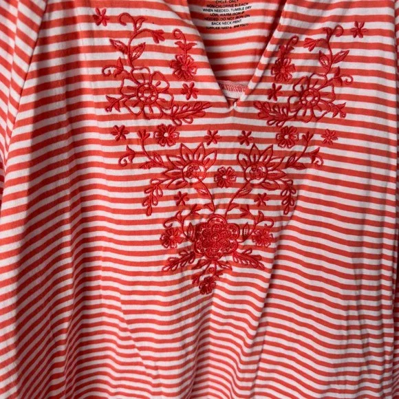 St Johns Bay Womens Medium Coral Red White Striped Floral Embroidered Cotton Top - Picture 3 of 3